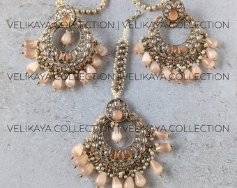 Antique Peach Chandbali & Tikka / Champagne Polki Earring with Sahare / Indian Jewelry / Pakistani jewelry / Party wear Bollywood jewelry
