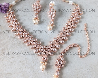 Rose Gold Wedding Necklace & Earrings / Indian Jewelry / Pakistani jewelry / Polki Necklace Set / Maang Tikka / Polki Earrings Party wear