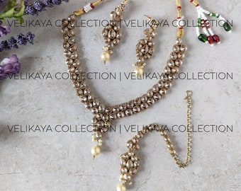 Dainty Indian Necklace Earrings Tikka Set Antique gold Jewelry Punjabi Wedding Jewelry Bollywood Indian Jewelry Champagne Pakistani Jewelry