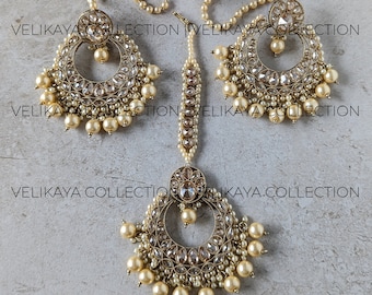 Antique Gold Chandbali & Tikka / Champagne Polki Earring / Pearl Jhumkas / Indian Jewelry / Pakistani jewelry / Party wear Bollywood jewelry