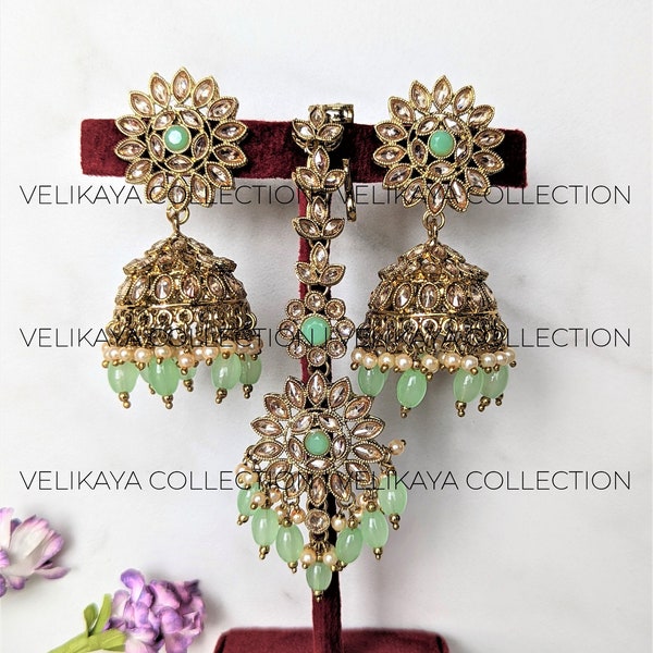 Mint Polki Jhumka Tikka Set / Indian Jewelry / Party Wear Jewelry / Antique Gold Jhumka /  Pakistani jewelry / Bollywood Wedding jewelry