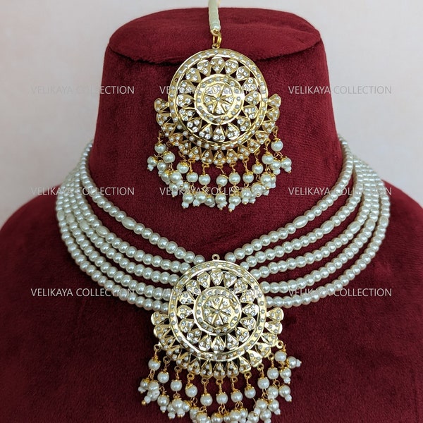 Pearl Jadau Necklace Earrings Tikka, Punjabi Pippal Patti Jewellery, Hyderabadi Jadau Jewelry, Indian wedding, Pakistani wedding jewellery