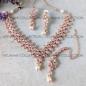 Rose Gold Wedding Necklace & Earrings / Indian Jewelry / Pakistani jewelry / Polki Necklace Set / Maang Tikka / Polki Earrings Party wear
