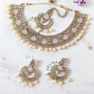 Pink Polki Necklace with Earrings & Tikka | Antique necklace set | Indian Jewelry | Bollywood Jewelry | Indian earrings | Pakistani Jewelry