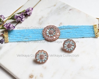 Blue Choker Necklace Set / Indian Jewelry / Indian Necklace / CZ Choker / Turquoise Necklace / Faux Diamond Choker Necklace / Stud earring