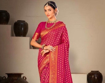 Roze Banarasi kunstzijden sari met jacquardrand, Indiase bruiloftssari (ongestikt)