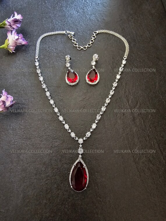 Mila Red Pendant Necklace Set CZ Diamond Earrings Statement Mila Red Pendant Necklace Set CZ Diamond Earrings Statement