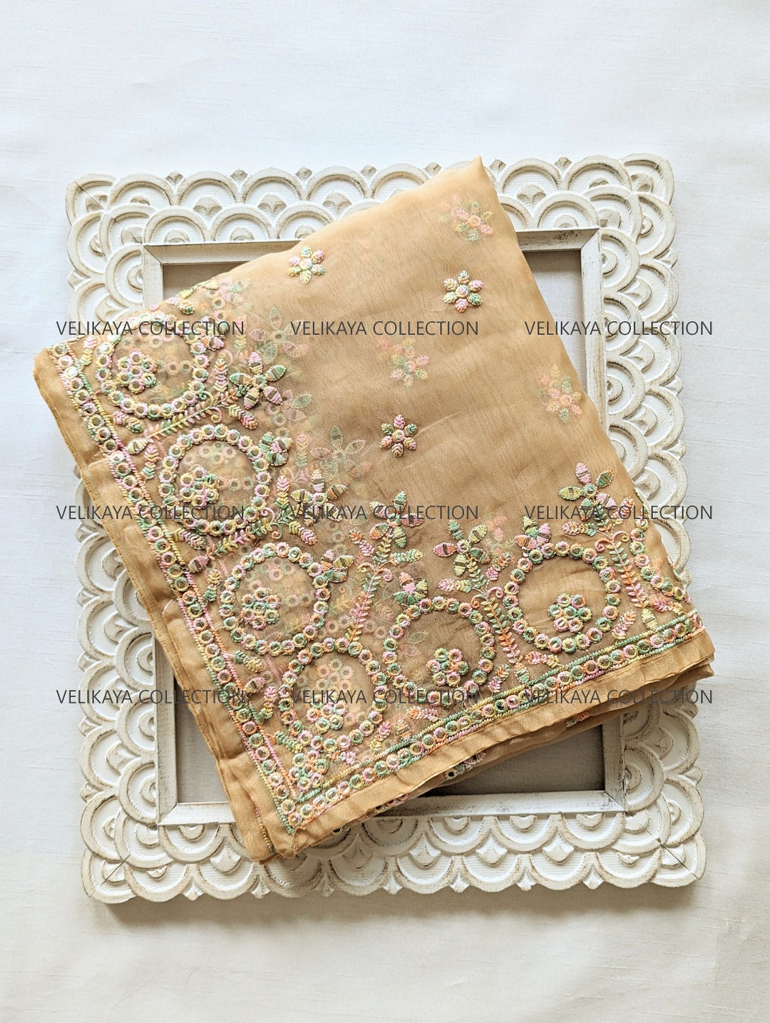Beige Organza Khatli Work Designer Party Saree