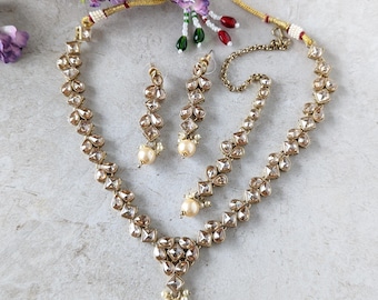 Champagne Polki Necklace Earrings Tikka Set Antique gold Jewellery Punjabi Wedding Jewellery Bollywood Indian Jewellery Pakistani Jewellery