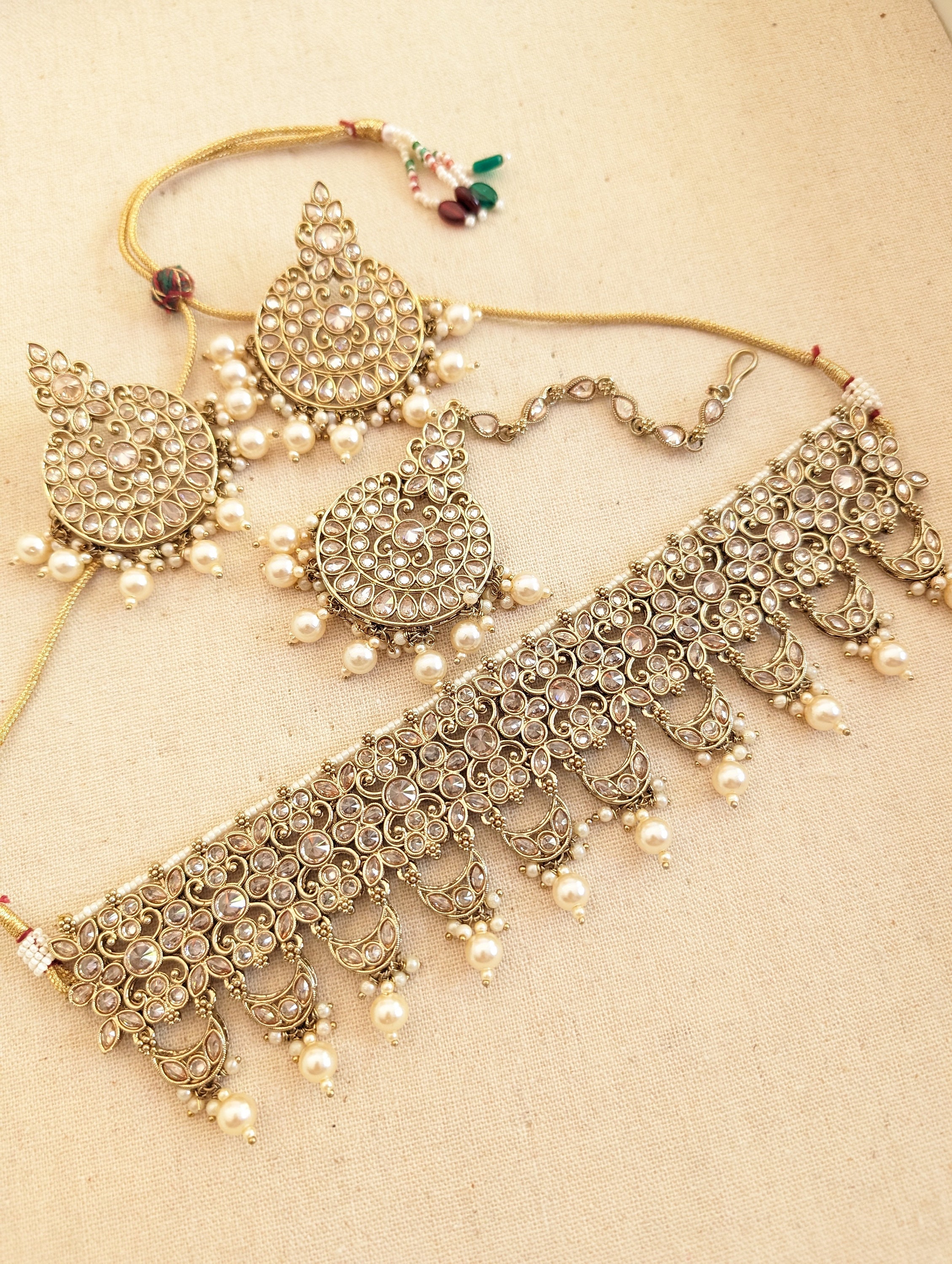 Antique Polki Choker Necklace Earrings Tikka | Antique Gold Choker | Indian Wedding Necklace | Pakistani jewelry| Party Wear Polki jewelry