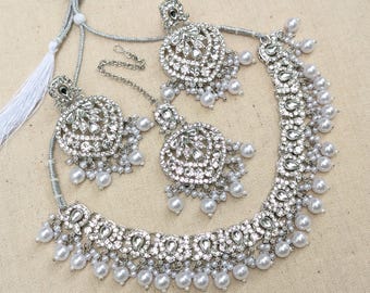 Silver Polki Choker Necklace Set: Jhumka Earrings & Tikka - Pakistani Wedding Jewelry