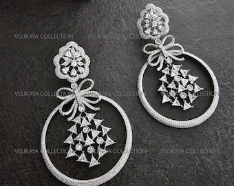 Silver Bow Hoops/ Statement AD earrings/ Pave CZ Diamond Chandbali / Anniversary Wedding Holiday Party Earrings for Women/ Zircon Earrings