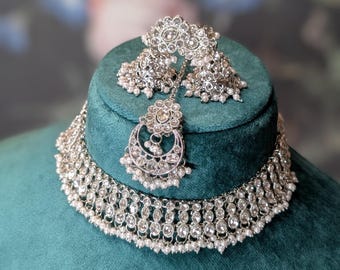 Silver Polki Choker Necklace Set: Indian Wedding Jewelry, Pakistani Jewelry