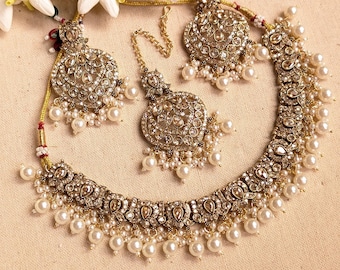 Gold Polki Necklace Jhumka Tikka, Antique Gold Choker, Bollywood Indian Wedding Necklace, Pakistani jewelry, Indian jewelry, Punjabi Jewelry