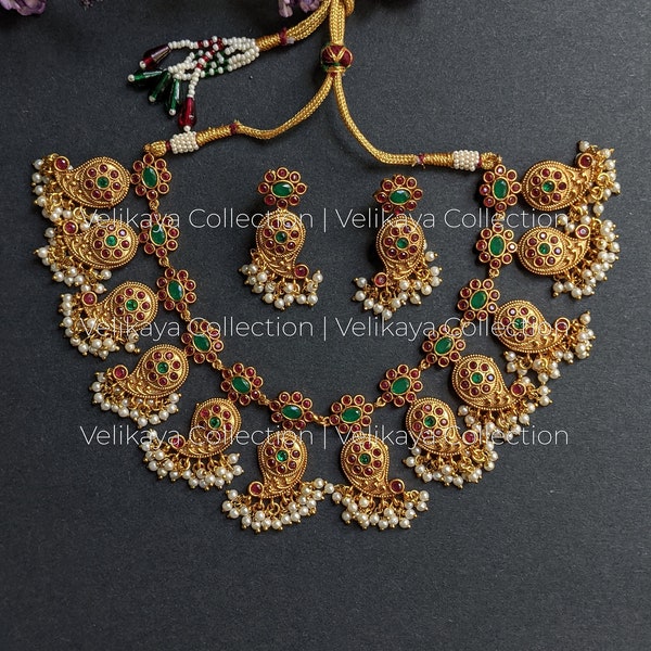 Guttapusalu Necklace | Temple Jewelry | South Indian jewelry | Indian earrings | Haram Jewelry | Matte Gold Jewelry | Kemp Jewelry  | Kempu