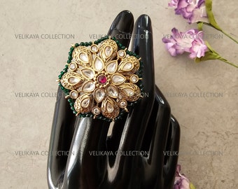 Large Kundan Ring with Green beads/ Gold plated ring/ Adjustable Polki Ring/ Indian jewelry/ Pakistani jewelry/ Antique Gold Statement Rings