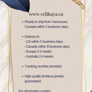 Op de afbeelding: Website-adres www.velikaya.ca voor een juwelierszaak. Klaar om te verzenden vanuit Vancouver, Canada binnen 2 werkdagen. Levering naar de VS binnen 5 werkdagen, naar Canada binnen 8 werkdagen, naar Europa binnen 2-3 weken en naar Australi&euml; binnen 2-4 weken. Track & Trace-nummer wordt verstrekt. Hoogwaardige, tijdloze sieraden gegarandeerd. Voor alle vragen kunt u contact opnemen met info@velikaya.ca