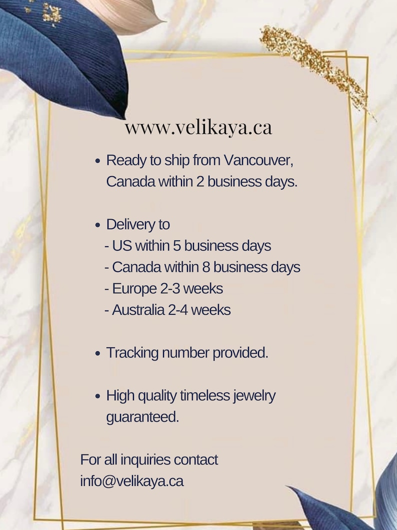 Op de afbeelding: Website-adres www.velikaya.ca voor een juwelierszaak. Klaar om te verzenden vanuit Vancouver, Canada binnen 2 werkdagen. Levering naar de VS binnen 5 werkdagen, naar Canada binnen 8 werkdagen, naar Europa binnen 2-3 weken en naar Australi&euml; binnen 2-4 weken. Track & Trace-nummer wordt verstrekt. Hoogwaardige, tijdloze sieraden gegarandeerd. Voor alle vragen kunt u contact opnemen met info@velikaya.ca