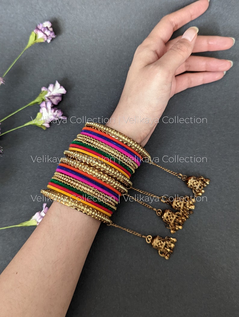 Velvet Bangle Set with antique gold kada / Multicolor bangles with jhumki kada / Indian Jewelry / Indian Bangles / Bollywood Jewelry image 5