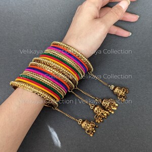 Velvet Bangle Set with antique gold kada / Multicolor bangles with jhumki kada / Indian Jewelry / Indian Bangles / Bollywood Jewelry image 2