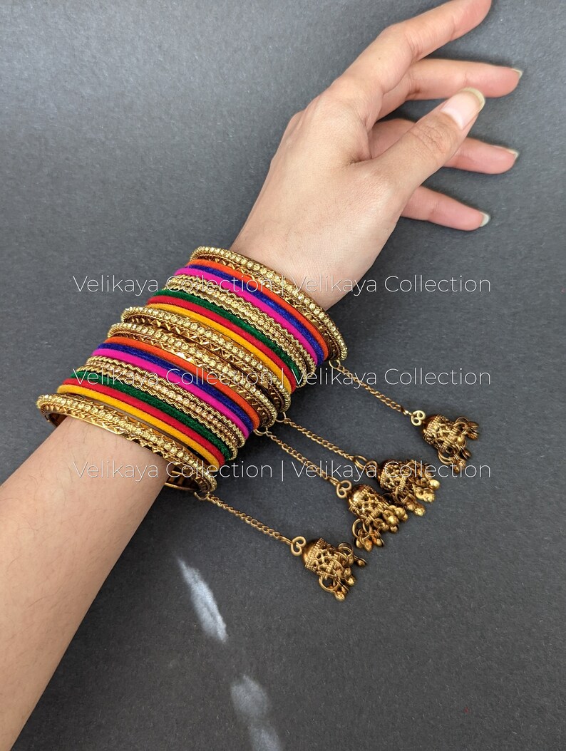 Velvet Bangle Set with antique gold kada / Multicolor bangles with jhumki kada / Indian Jewelry / Indian Bangles / Bollywood Jewelry image 2