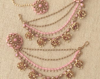 CLEARANCE Pink Jhumka Polki Earrings with Detachable Kaan Chain: Indian Wedding Jewelry