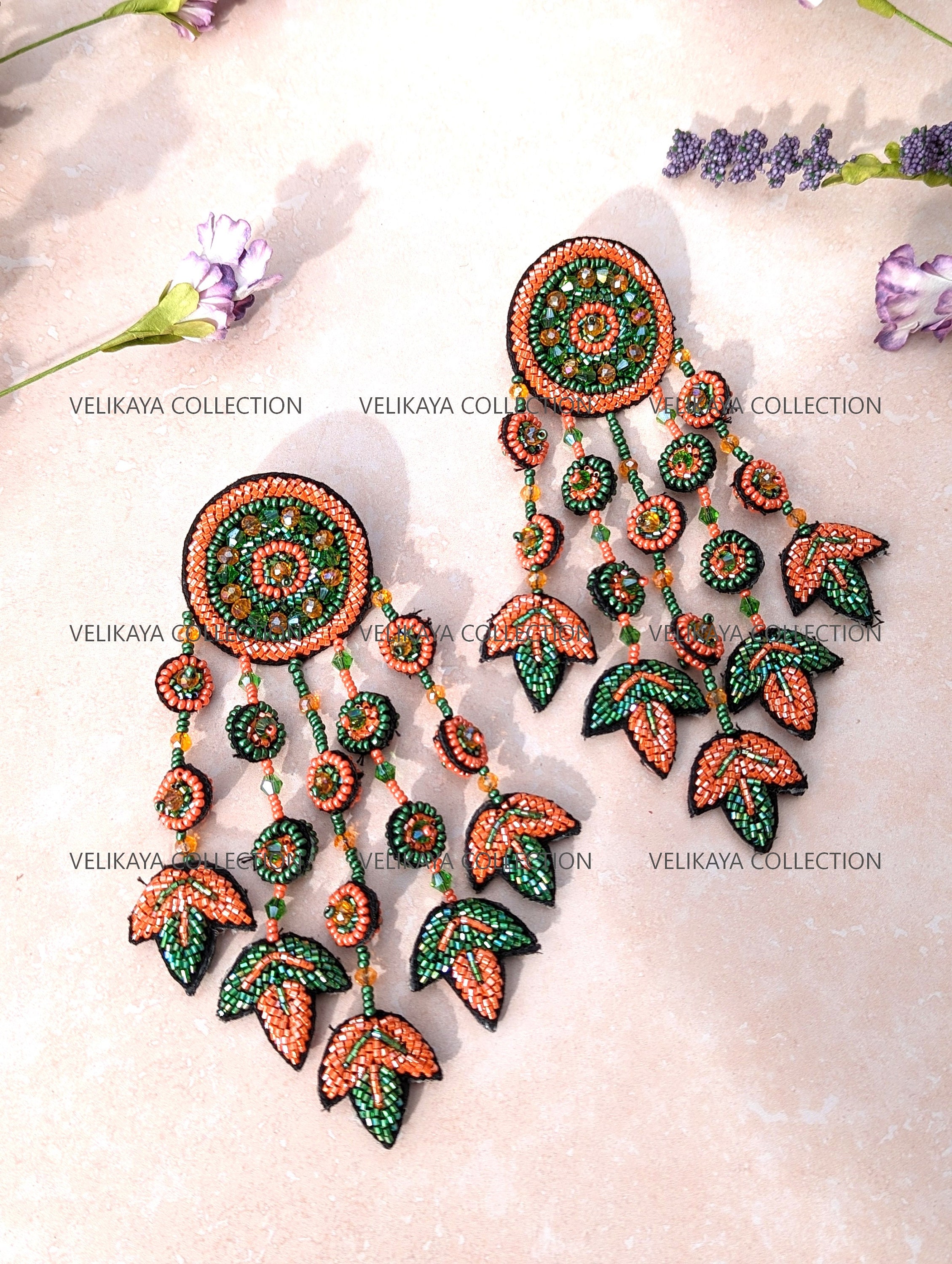 Beige Long Crystal Tassel Haldi Earrings
