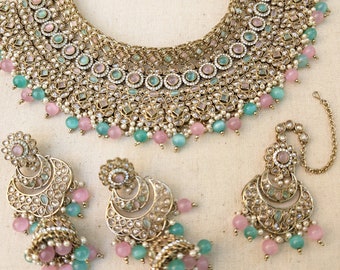 Pink Mint Bridal Necklace Jhumka Earrings Maang Tikka Polki Choker