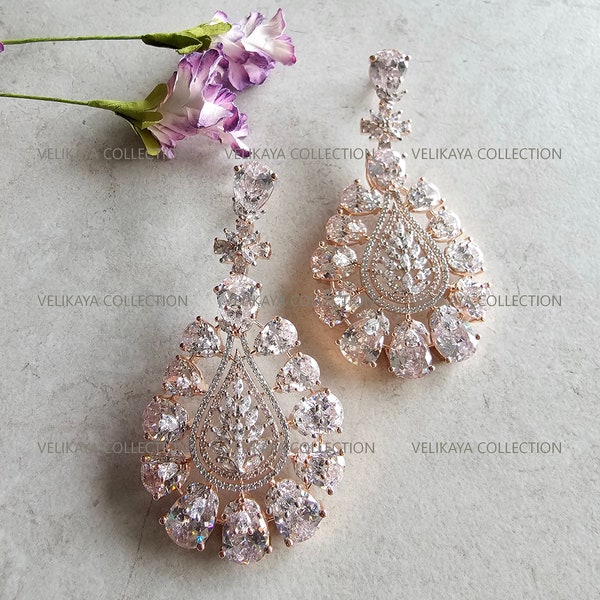 Long Statement Earrings American Diamond Earrings CZ Earrings Indian Earrings Wedding Jewelry Pakistani Jewelry Chandelier Earrings