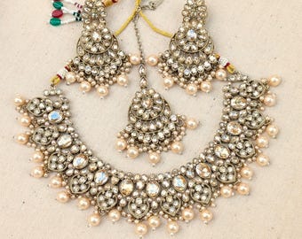 Gold Polki Choker Necklace: Antique Gold Indian Wedding Jewelry Set