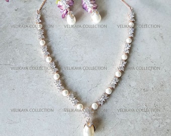 CZ Pearl Necklace Set/ Large Pearl Wedding Jewelry/ CZ Bridal Earrings/ Diamond Wedding Necklace/ Statement Earrings/ Pearl Bridal Jewelry