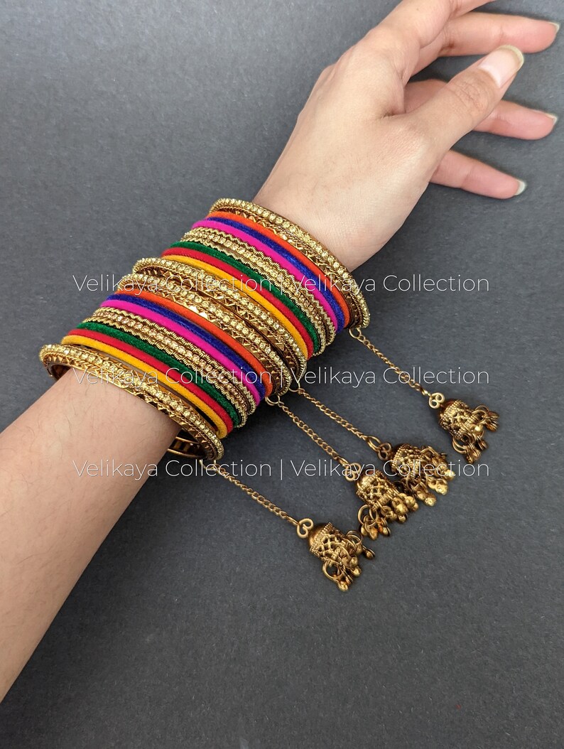 Velvet Bangle Set with antique gold kada / Multicolor bangles with jhumki kada / Indian Jewelry / Indian Bangles / Bollywood Jewelry image 3