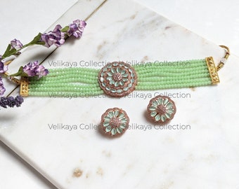 Green Diamond Necklace / Indian Jewelry / Bridesmaid Necklace / Statement Necklace / Kundan choker necklace / Stud Earrings / Beads Necklace