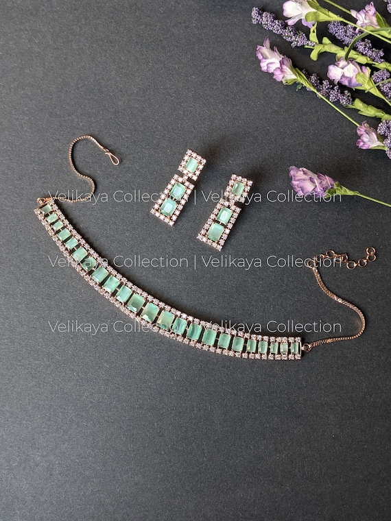 Mint CZ Choker Necklace / Wedding Necklace and earrings / CZ necklace set / Bollywood Jewelry / Crystal Necklace / American Diamond Set