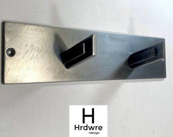 Brushed steel wall mounted coat rack with art deco inspired hooks. Ideal for entryway, mudroom, office, etc