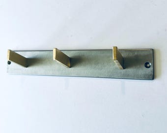 Modern steel coat rack- Silver steel and brass hooks minimal wall mounted coat rack coat hook. Sturdy storage rack for mudroom, entryway etc