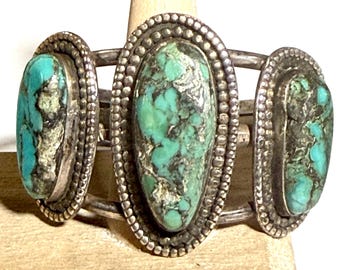 Vintage Native American Coin Silver Three Turquoise Gemstone Handmade Cuff Bracelet, 1960s set