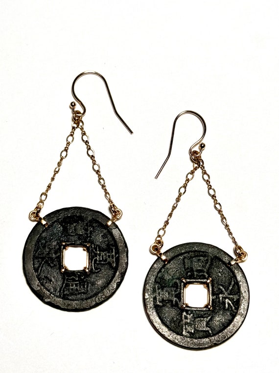14K Gold, Ancient Chinese Currency Coin Dangle Ear