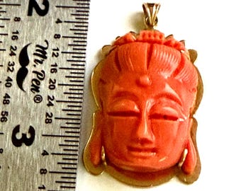 18K Carved Coral Guan Yin Pendant, Handcrafted Goddess Charm