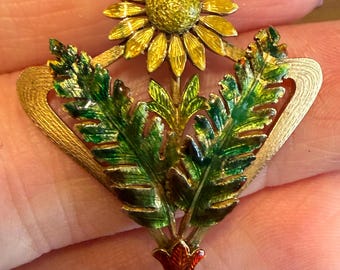Unusual 14K Gold Enamel Sunflower Lavaliere Style Pendant, Rare!