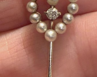 Antique 14K Gold Pearl & Diamond Heart Shaped Stick Pin