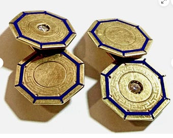 Understated ART DECO 10K Yellow Gold Blue Enamel & Diamond Cuff Links