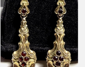 Antique Late Georgian to Victorian Repousse Dangle Earrings with Garnet, Day to Night