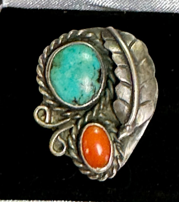 Navajo Sterling Silver Turquoise Coral Handmade R… - image 1