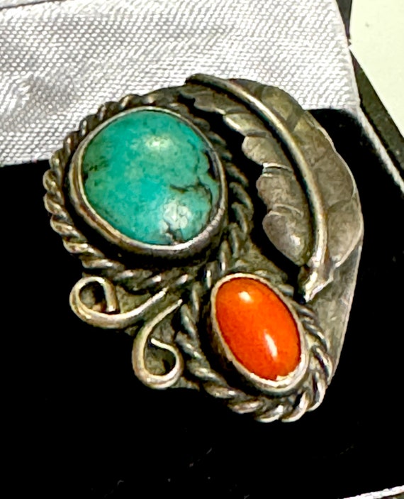 Navajo Sterling Silver Turquoise Coral Handmade R… - image 2