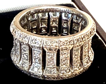 Heavy Estate 18K White Gold Wide Diamond Pave Eternity Band, Size 6.5