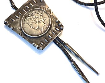 Vintage Silver Bolo Tie Pendant with Matching Tips on Black Leather, 1923 Liberty Coin
