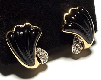 Wonderful Lever Back 14K Gold Diamond Pave and Carved Onyx Earrings, Quality!