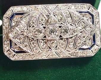 Gorgeous Art Deco Platinum Diamond and Calibre Sapphire Brooch