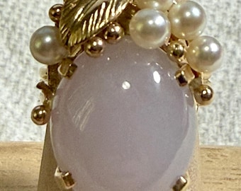 Ming's of Honolulu 14K Gold Lavender Jade Ring with Pearls, 9.4 Grams, Size 6